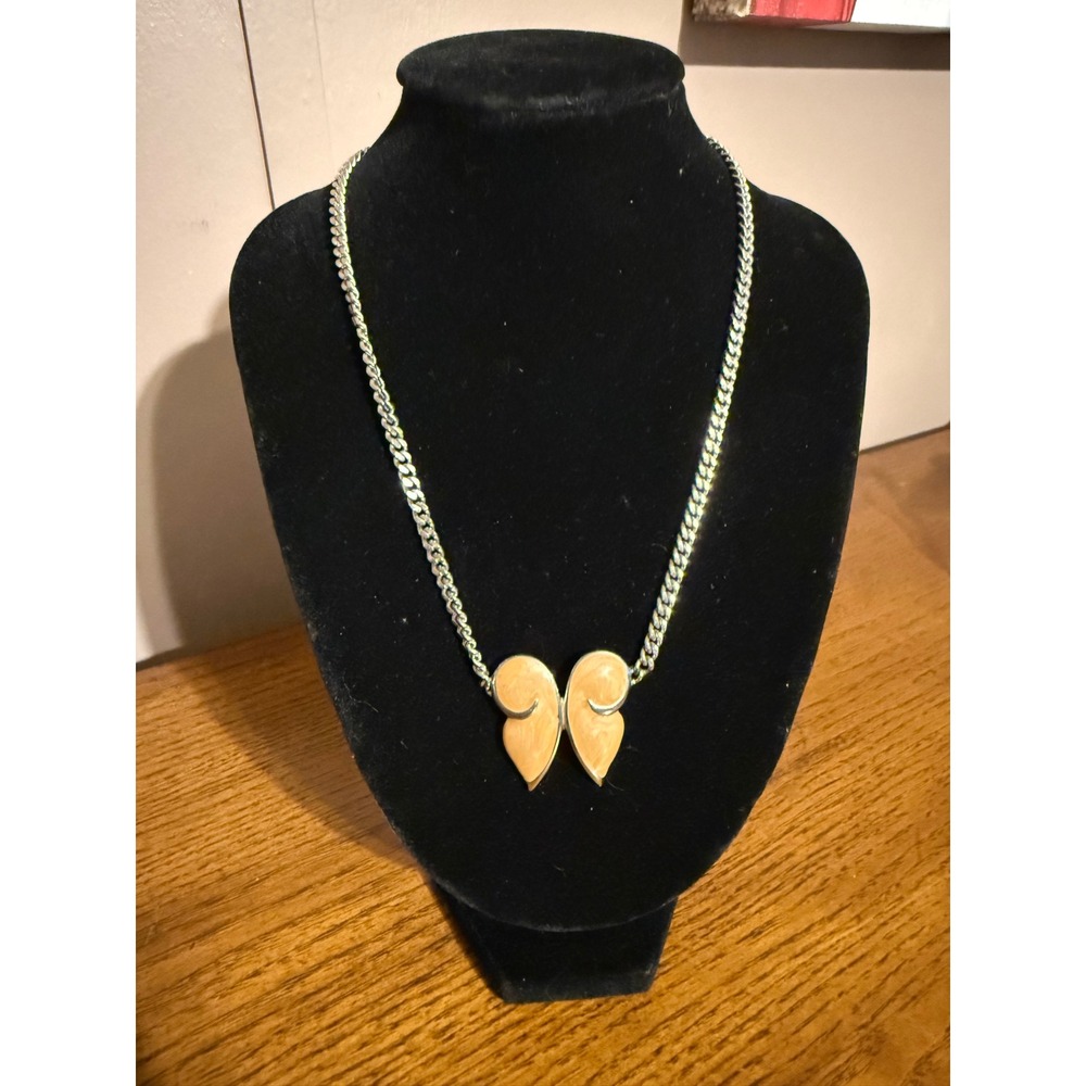 Vintage Monet Butterfly Necklace Peach Enamel Silver Tone Curb Chain 15 Inch